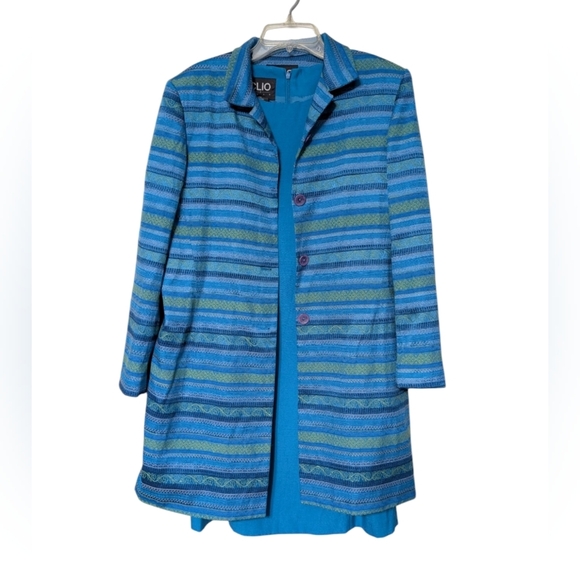 Clio 2 Piece Stylish Blue Striped Women's Button Down Coat And Dress Set Size 14 - Picture 15 of 16